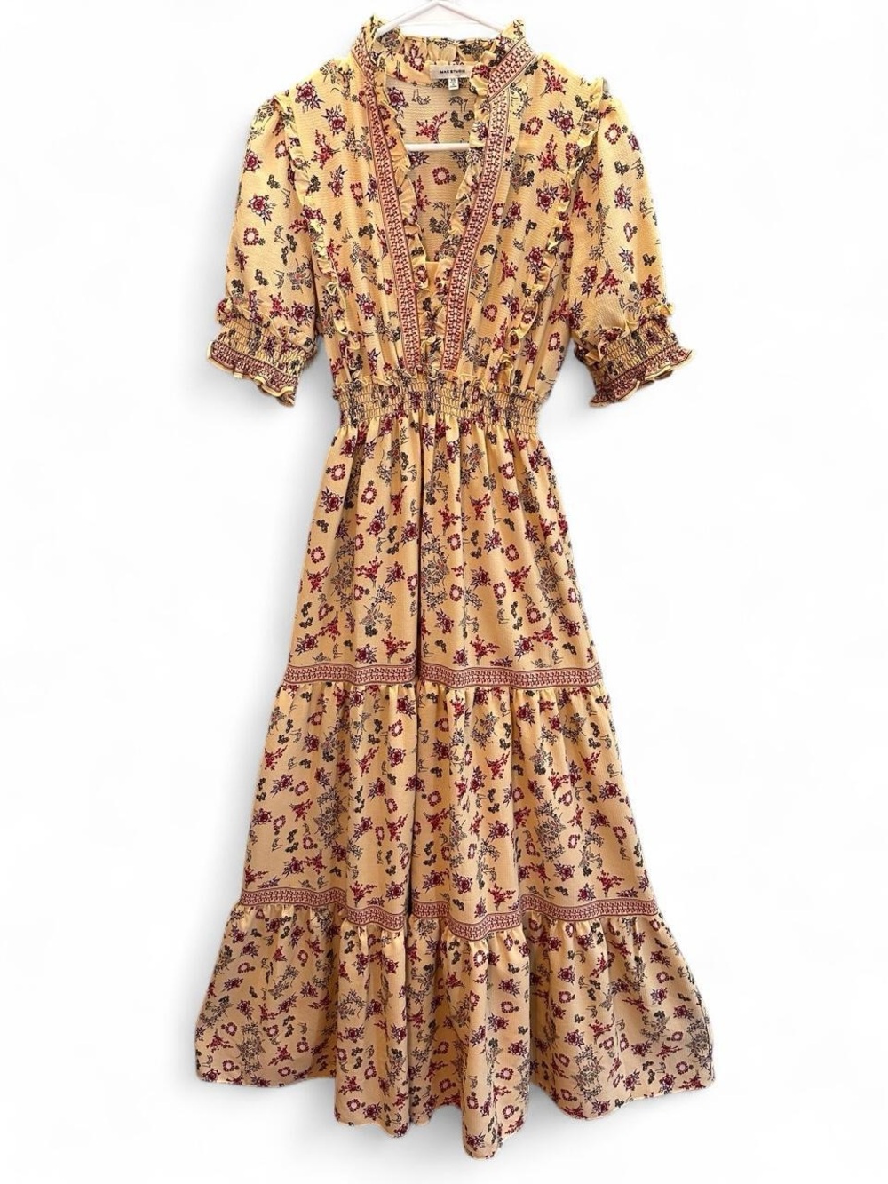 Max Studio Butter Yellow Floral Tiered Maxi Dress Size XS
